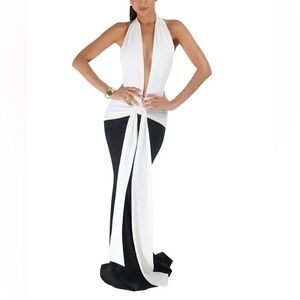 Heiress Beverly Hills- White Halter Tie Front Maxi Gown with Black Skirt